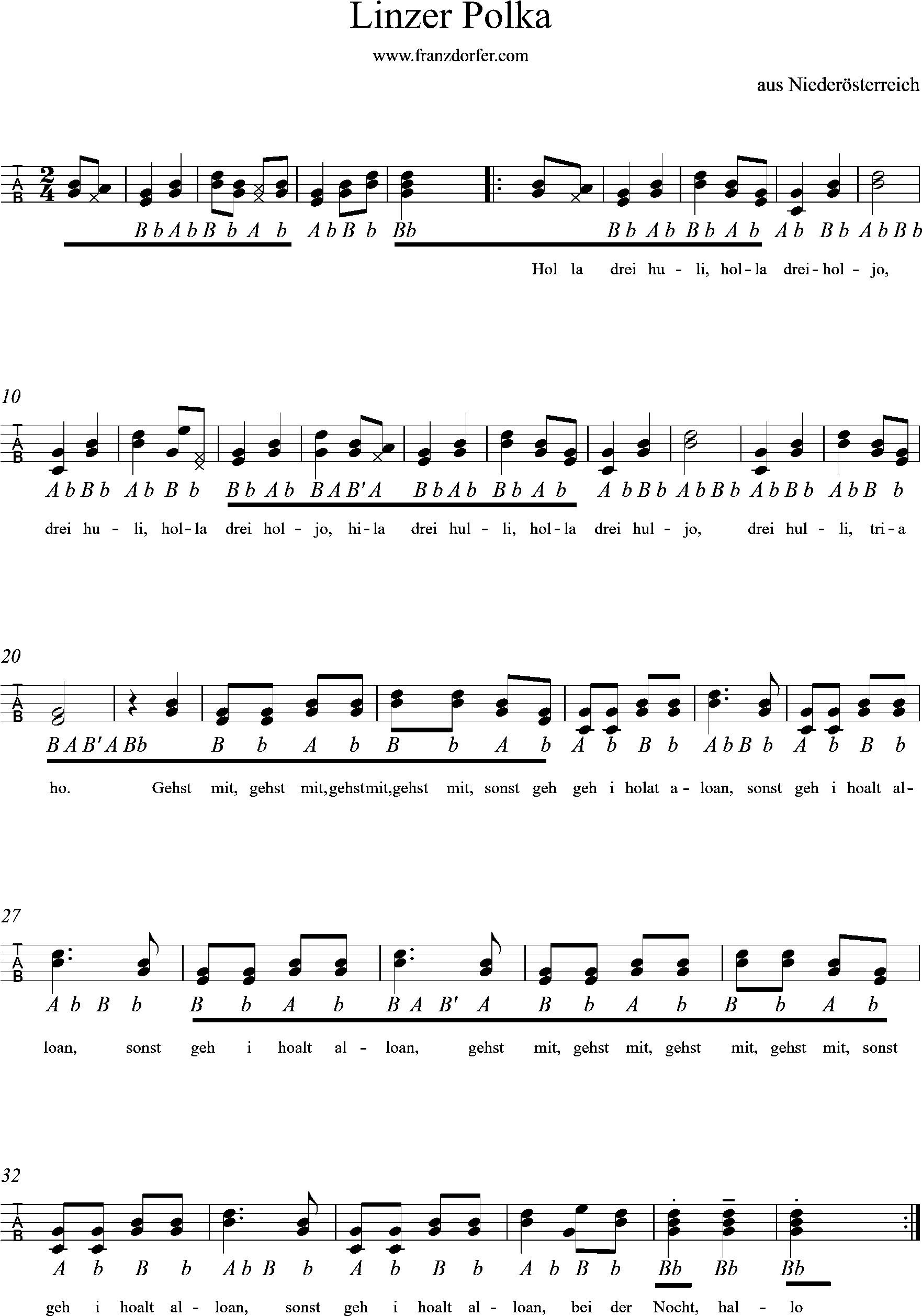 Linzer Polka aus Niederösterreich , Griffschrift Steirische lernen - linzer Polka